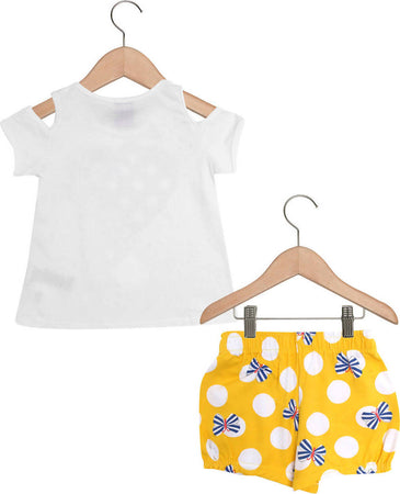 Completino Estivo Bimba Bianco Giallo Pois Completo Tuta Coordinato Fiocchi Estate Canotta T-Shirt e Pantaloni Corti 100% Cotone COMPLETINO Piccole Canaglie - Tropea, Commerciovirtuoso.it