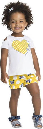 Completino Estivo Bimba Bianco Giallo Pois Completo Tuta Coordinato Fiocchi Estate Canotta T-Shirt e Pantaloni Corti 100% Cotone COMPLETINO Piccole Canaglie - Tropea, Commerciovirtuoso.it