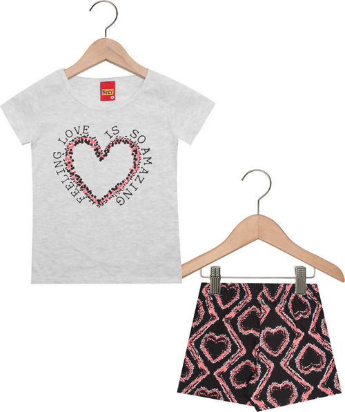 Completino Estivo Bimba Grigio Rosa Cuori Completo Tuta Coordinato Estate T-Shirt Mezze Maniche Stampa e Pantaloni Corti 100% Pantalone COMPLETINO Piccole Canaglie - Tropea, Commerciovirtuoso.it