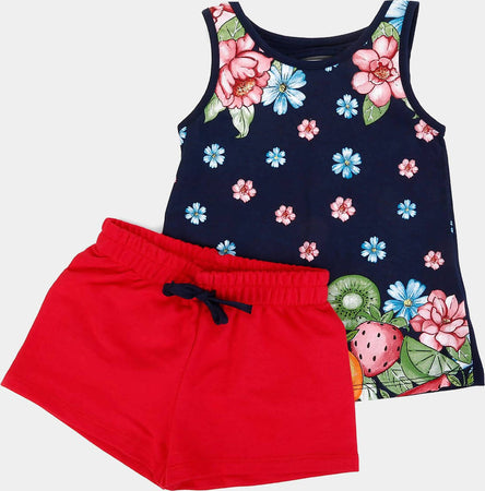 Completino Estivo Bimba Rosso Blu Fiori Tropical Completo Tuta