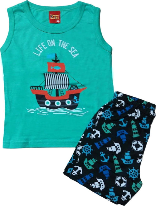 Completino Estivo Bimbo Blu Canotta Girocollo Barca a Vela Stampa Barca Pantaloncini Corti con Elastico Fantasia COMPLETINO Piccole Canaglie - Tropea, Commerciovirtuoso.it