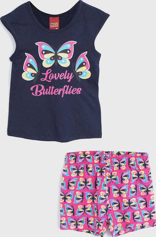 Completo Bimba Estivo Canotta Pantalone Blu e Rosa Stampato Farfalle Completino Coordinato Bambina Estate Canottiera e Pantaloncini 100% Cotone COMPLETINO Piccole Canaglie - Tropea, Commerciovirtuoso.it