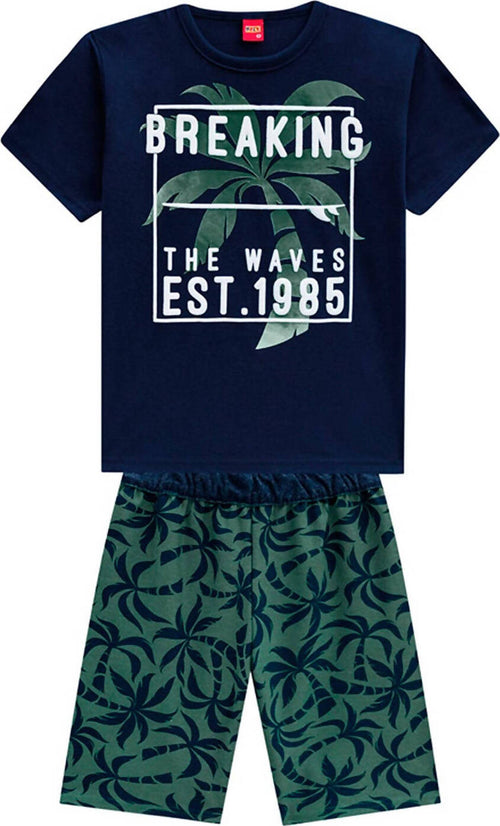 Completo Estivo Tuta Bambino Blu Verde Stampato Completino T-Shirt e Pantaloni Coordinato Estate Maglietta Girocollo 100%Cotone Pantaloncini con Elastico COMPLETINO Piccole Canaglie - Tropea, Commerciovirtuoso.it
