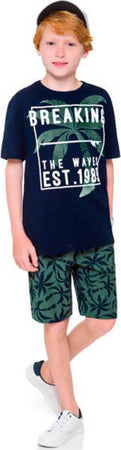 Completo Estivo Tuta Bambino Blu Verde Stampato Completino T-Shirt e Pantaloni Coordinato Estate Maglietta Girocollo 100%Cotone Pantaloncini con Elastico COMPLETINO Piccole Canaglie - Tropea, Commerciovirtuoso.it