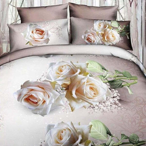 Completo-Letto-3d-Lenzuola-Matrimoniale-Sotto-Sopra-Copricuscini-Rose-Bianche