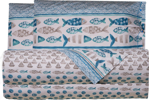 Completo-letto-lenzuola-100%-cotone-made-in-italy-PESCI-AZZURRO