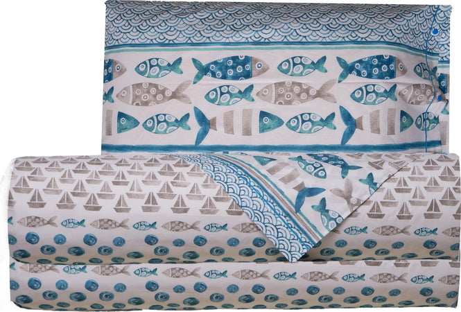 Completo-letto-lenzuola-100%-cotone-made-in-italy-PESCI-AZZURRO
