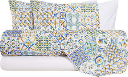 Completo-letto-lenzuola-federe-bifaccia-double-face-stampa-digitale-in-cotone-made-in-italy-MAIOLICHE-SICILIANE/BIANCO