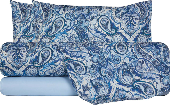 Completo letto lenzuola federe bifaccia double face stampa digitale in cotone made in italy PAISLEY AZZURRO Casa e cucina/Tessili per la casa/Biancheria da letto/Lenzuola e federe/Lenzuola Novilunio - Sesto San Giovanni, Commerciovirtuoso.it