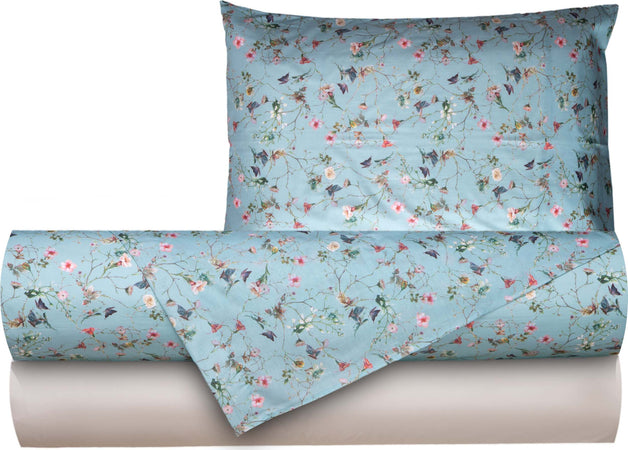 Completo letto lenzuola federe bifaccia double face stampa digitale in cotone made in italy RISVEGLIO DI PRIMAVERA/AZZURRO Casa e cucina/Tessili per la casa/Biancheria da letto/Lenzuola e federe/Lenzuola Novilunio - Sesto San Giovanni, Commerciovirtuoso.it