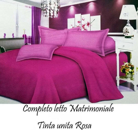 Completo-Letto-Lenzuola-Matrimoniale-Con-Copri-Cuscini-Tinta-Unita-Colore-Rosa