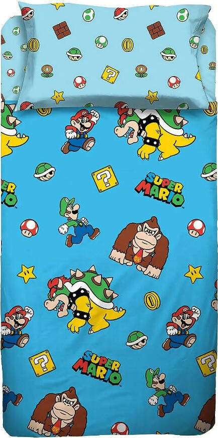 Completo-letto-super-mario-bros-prodotto-originale-by-novia-set-lenzuola-letto-singolo-in-puro-cotone-Super-Mario-Novia