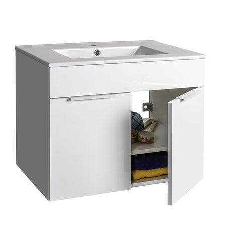 Mobile bagno sospeso con lavabo in ceramica bianco lucido e cemento h 58 cm con 2 ante in legno