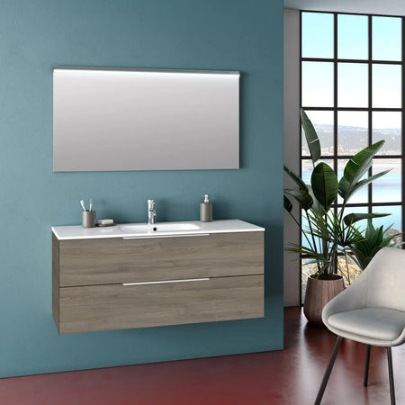 Composizione Bagno 120cm Sospesa Con Due Cassetti E Specchio Con Led Integrato Rovere Cenere