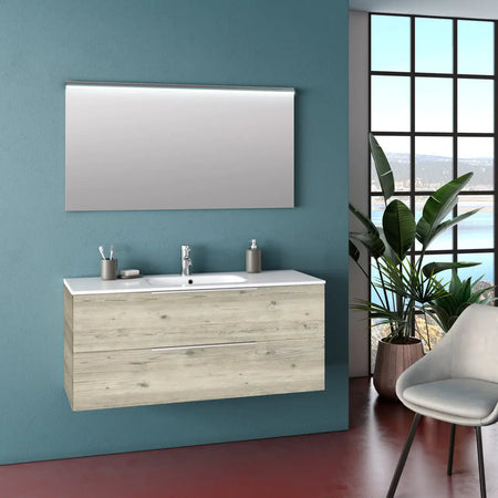 Composizione Bagno 120cm Sospesa Con Due Cassetti E Specchio Con Led Integrato Pino Artico