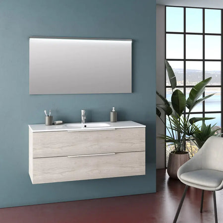 Composizione Bagno 120cm Sospesa Con Due Cassetti E Specchio Con Led Integrato Rovere Naturale