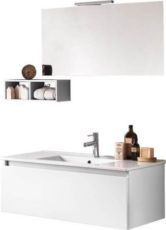 Composizione Bagno Sospesa 100cm Con Cassetto, Vano a Giorno, Specchio e Lampada Casa e cucina/Bagno/Mobili da bagno/Mobiletti con lavabo Shopbagno.it - Roma, Commerciovirtuoso.it