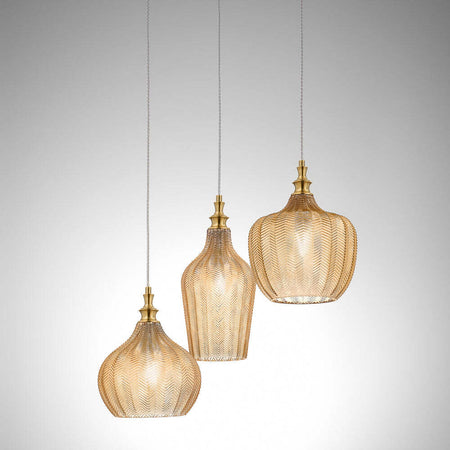 Composizione-Sospensione-Multipla-Cleofe-Metallo-Ottone-Vetri-Ambra-3-Luci-E27