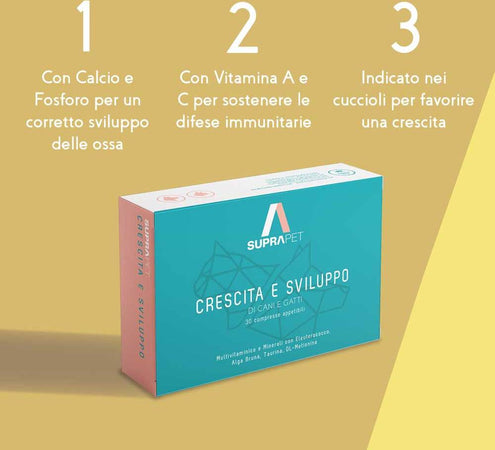 Compresse Aiuto Crescita e sviluppo per Cani e Gatti 30 Compresse SUPRAPET Crescita e Sviluppo - Mangime Multivitaminico con Alga Kelp, Calcio, Ferro, Taurina, Rame e Vitamine A-D3-E-B12-C Supporto In Fase di Allattamento Prodotti per animali domestici/Cani/Accessori per la cura e la salute/Integratori e vitamine/Multivitaminici MyLab Nutrition - Roma, Commerciovirtuoso.it