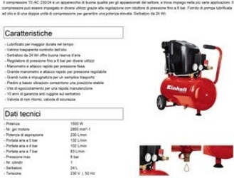 COMPRESSORE ARIA 24 LT EINHELL TE-AC 230/24 EXPERT MOTORE 2HP 230 LT/MIN. Fai da te/Utensili elettrici e a mano/Utensili elettrici/Compressori d'aria Trade Shop italia - Napoli, Commerciovirtuoso.it