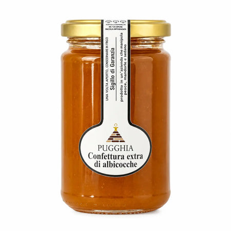 Un barattolo di vetro con tappo dorato contiene confettura extra di albicocche pugglia con pasta color ambra