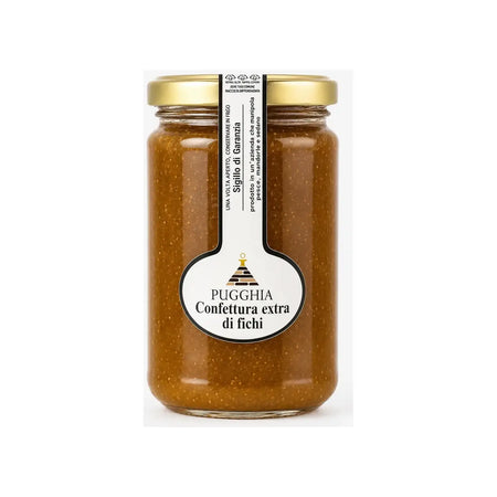 Un barattolo di vetro con coperchio dorato contiene confettura extra di fichi pugghi a da 300 gr dal colore ambra intenso