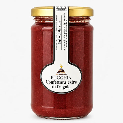 Confettura extra di fragole pugghia in barattolo di vetro trasparente con coperchio oro e etichetta bianca da 300 gr