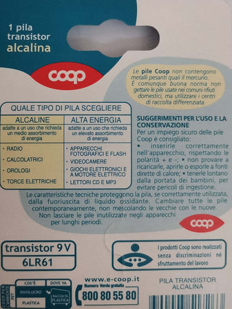 Confezione da 1 pila Transistor 9V 6LR61 alcalina Coop Elettronica/Pile e caricabatterie/Pile monouso Scontolo.net - Potenza, Commerciovirtuoso.it