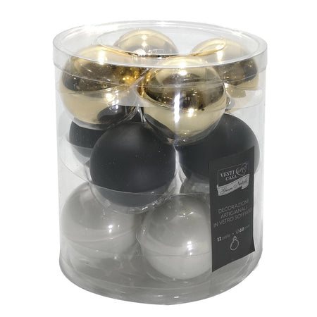 Palline in vetro "Mix Oro Nero Bianco" tinta unita per albero di Natale