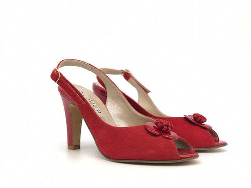 CONFORT Sandalo donna in camoscio rosso con fiore in vernice