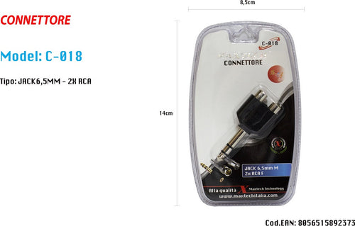 Connettore Adattatore 1 Jack 6,5mm Spina Maschio?2 Rca Femmina Stereo Maxtech C-018 Elettronica e telefonia > Accessori Audio e Video > Cavi Audio e Video Trade Shop italia - Napoli, Commerciovirtuoso.it