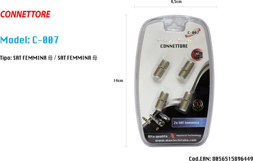 Connettore Adattatore Cavo Coassiale Sat Femmina/femmina Televisore Maxtech C-007 Elettronica/Home Cinema TV e video/Accessori/Cavi/Cavi coassiali Trade Shop italia - Napoli, Commerciovirtuoso.it