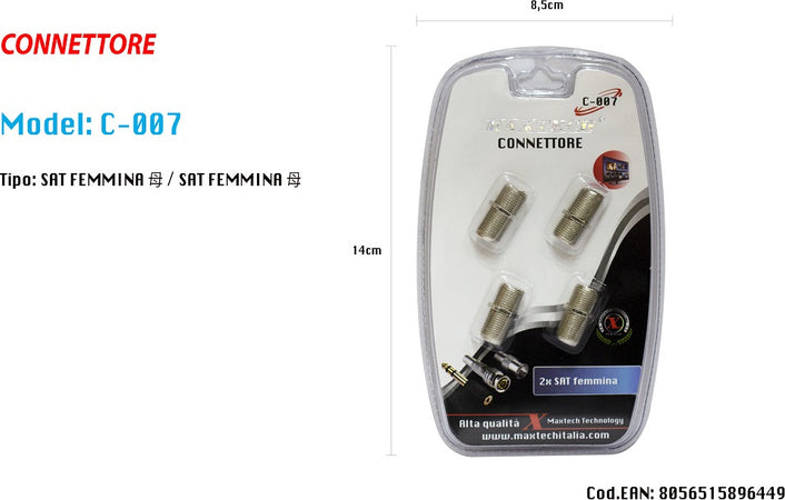 Connettore Adattatore Cavo Coassiale Sat Femmina/femmina Televisore Maxtech C-007 Elettronica/Home Cinema TV e video/Accessori/Cavi/Cavi coassiali Trade Shop italia - Napoli, Commerciovirtuoso.it