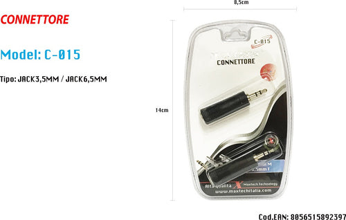 Connettore Adattatore Stereo Jack 3.5mm Maschio - Jack 6.5mm Femmina Maxtech C-015 Elettronica e telefonia > Accessori Audio e Video > Cavi Audio e Video Trade Shop italia - Napoli, Commerciovirtuoso.it