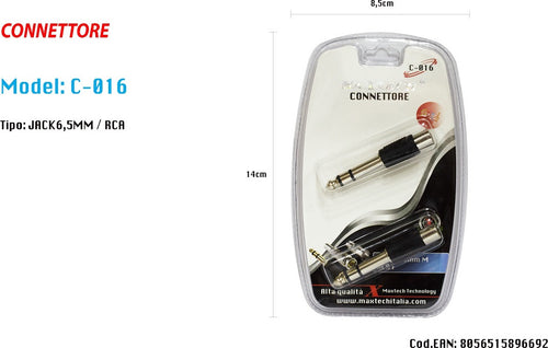 Connettore Jack 6.5mm Maschio Spina A Rca Femmina Audio Adattatore Maxtech C-016 Elettronica e telefonia > Accessori Audio e Video > Cavi Audio e Video Trade Shop italia - Napoli, Commerciovirtuoso.it