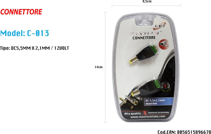 Connettore Maschio 2.1mm X 5.5mm Dc Alimentazione Per Telecamere Maxtech C-013 Elettronica/Home Cinema TV e video/Accessori/Cavi/Cavi coassiali Trade Shop italia - Napoli, Commerciovirtuoso.it