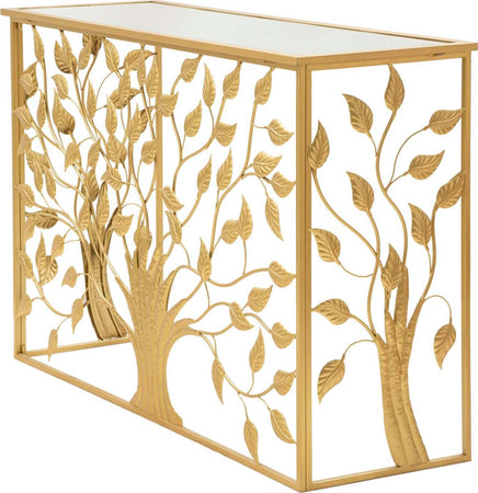 Console-albero-struttura-in-metallo-e-legno-MDF-con-ripiano-in-vetro-per-interni