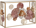Console-struttura-in-metallo-con-fiori-decorativi-ripiano-in-vetro-per-interni