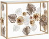 Console-struttura-in-metallo-con-fiori-decorativi-ripiano-in-vetro-per-interni