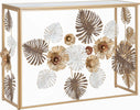 Console-struttura-in-metallo-con-fiori-decorativi-ripiano-in-vetro-per-interni