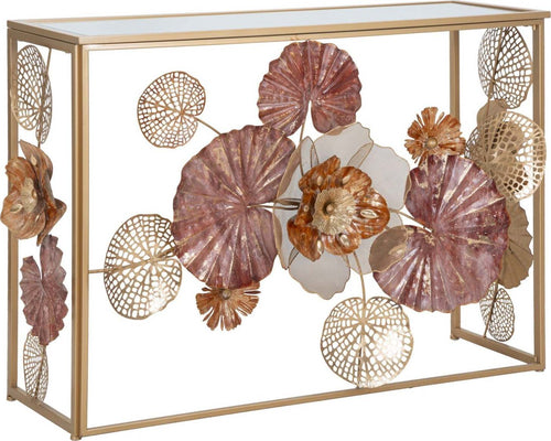 Console-struttura-in-metallo-con-fiori-decorativi-ripiano-in-vetro-per-interni