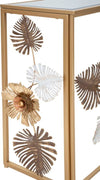 Console-struttura-in-metallo-con-fiori-decorativi-ripiano-in-vetro-per-interni