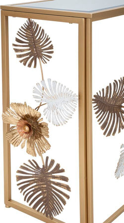 Console-struttura-in-metallo-con-fiori-decorativi-ripiano-in-vetro-per-interni