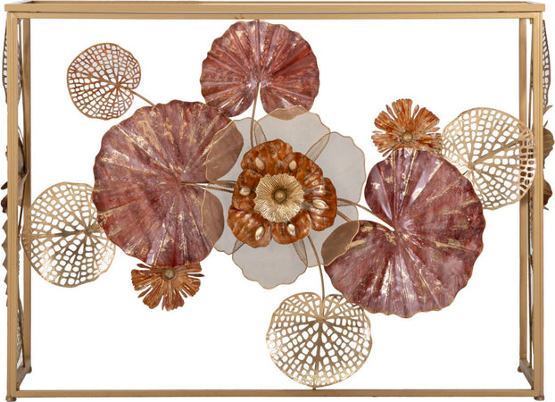 Console-struttura-in-metallo-con-fiori-decorativi-ripiano-in-vetro-per-interni