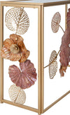 Console-struttura-in-metallo-con-fiori-decorativi-ripiano-in-vetro-per-interni
