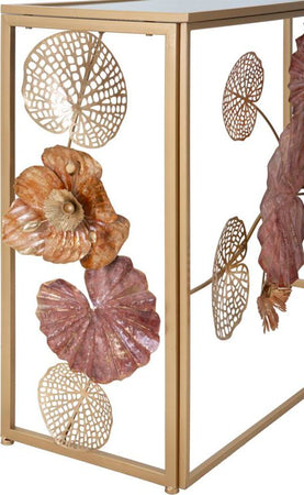 Console-struttura-in-metallo-con-fiori-decorativi-ripiano-in-vetro-per-interni