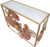 Console-struttura-in-metallo-con-fiori-decorativi-ripiano-in-vetro-per-interni