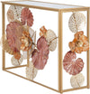 Console-struttura-in-metallo-con-fiori-decorativi-ripiano-in-vetro-per-interni
