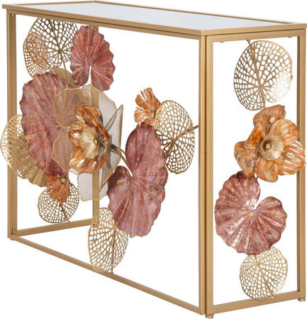 Console-struttura-in-metallo-con-fiori-decorativi-ripiano-in-vetro-per-interni