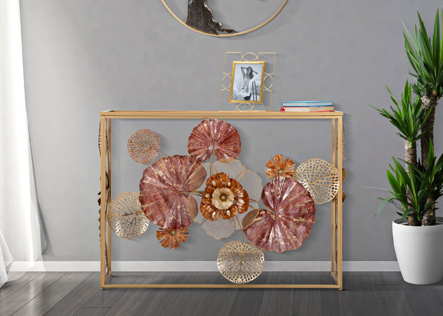 Console-struttura-in-metallo-con-fiori-decorativi-ripiano-in-vetro-per-interni